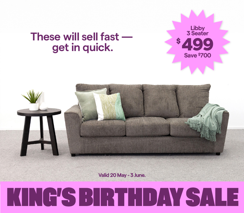 King's Birthday Sale written in pink with a grey 3 seater sofa on sale.