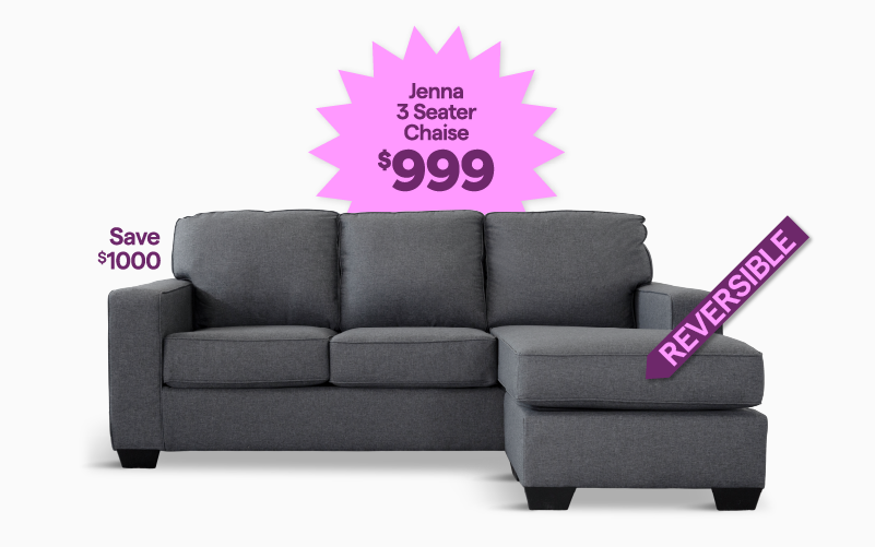 Grey chaise sofa with a pink starburst showing the price of $999.