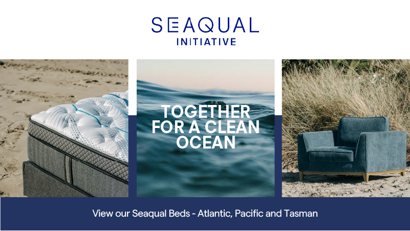 3 images showing a bed, the ocean, and a blue chair advertising the Seaqual Initiative.