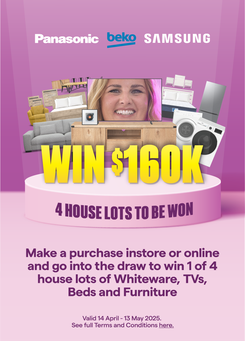 Giveaway! Win 160K, go into the draw to win 1 of 4 house lots of whiteware, TVs, beds and furniture. T&Cs apply.