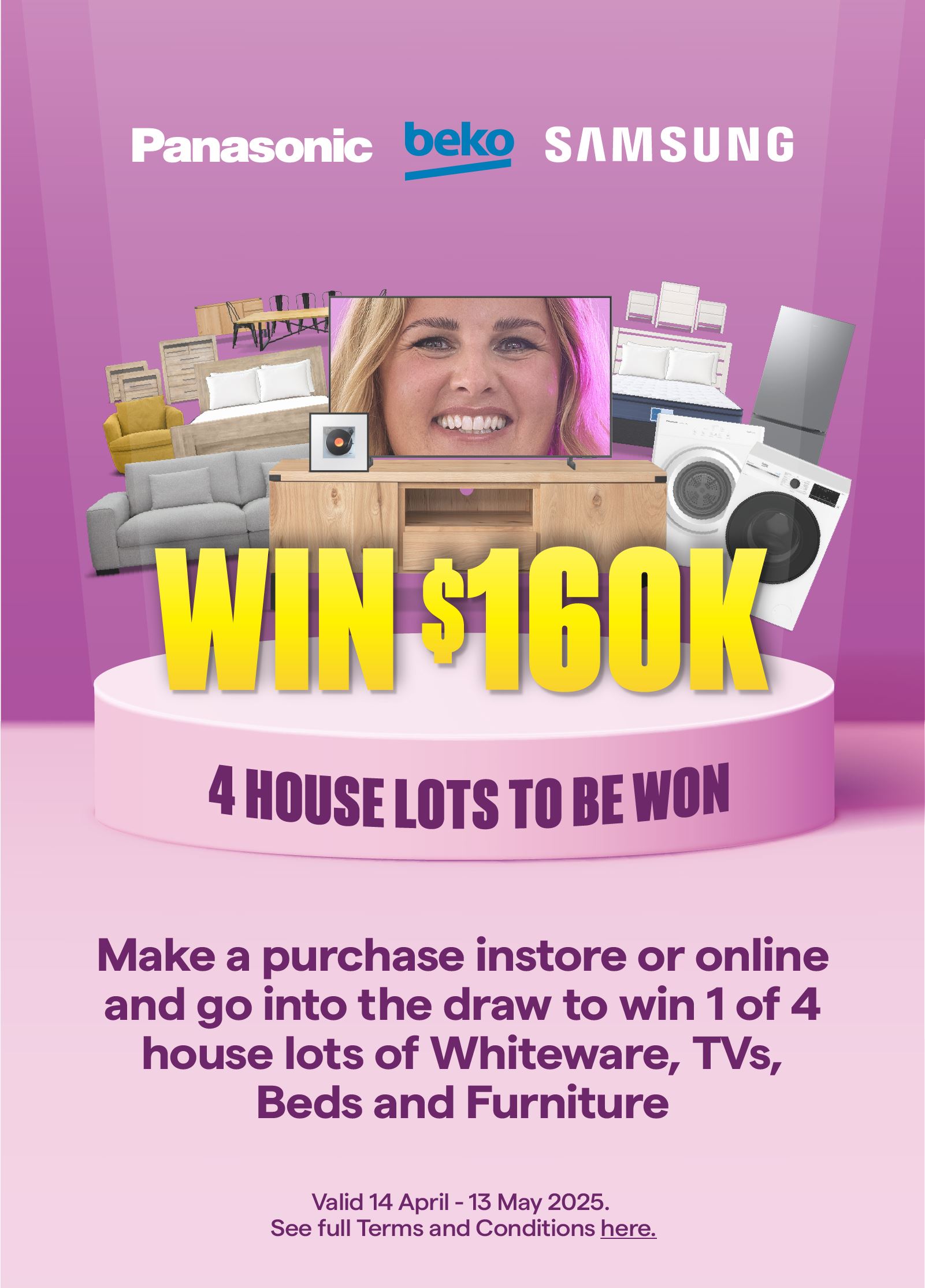 Giveaway! Win 160K, go into the draw to win 1 of 4 house lots of whiteware, TVs, beds and furniture. T&Cs apply.