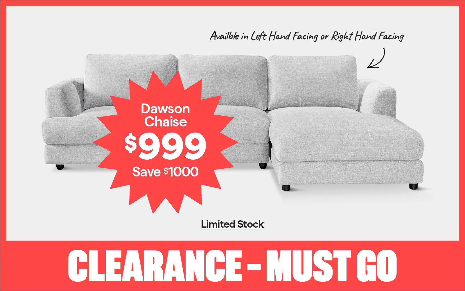 Clearance! Must go! Dawson chaise $999, save $1000.