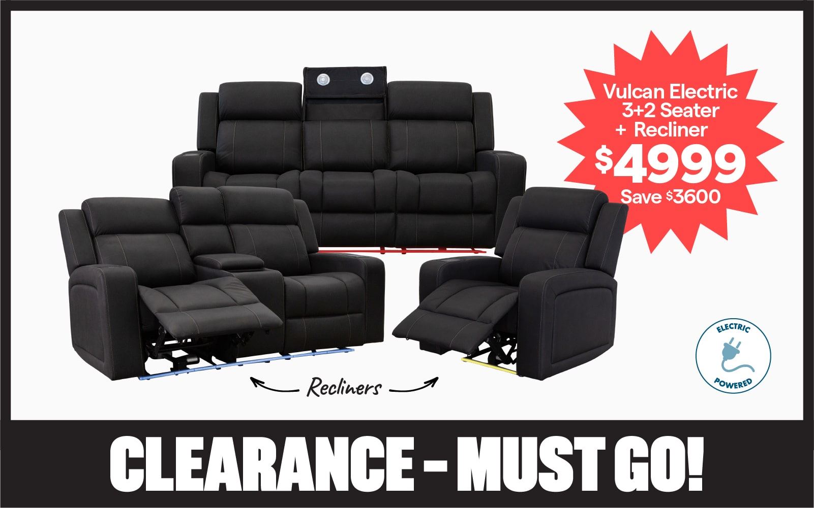 Clearance! Must go! Vulcan electric 3+2 seater + recliner $4999, save $3600.