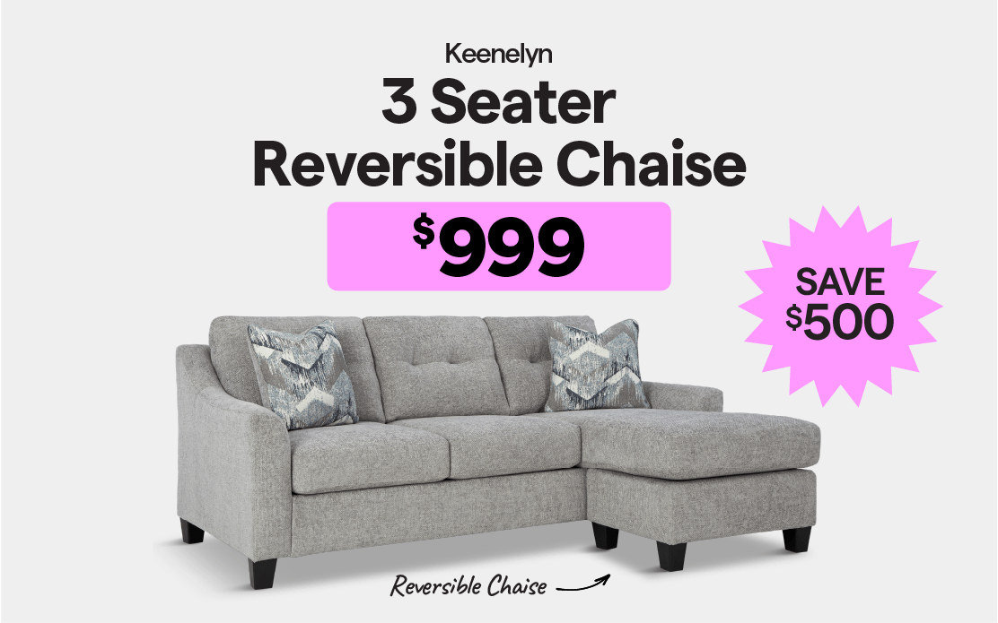 Keenelyn 3 seater reversible chaise $999, save $500.