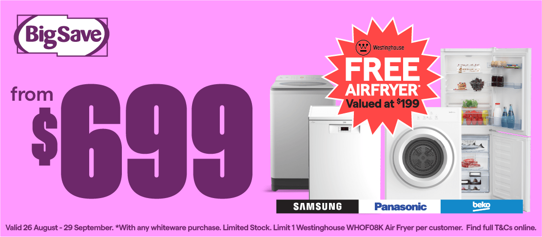 Valid 26 August - 29 September. FREE Air Fryer with any whiteware purchase. Limited stock. Limit 1 Westinghouse WHOF08K Air Fryer per customer. T&Cs apply.